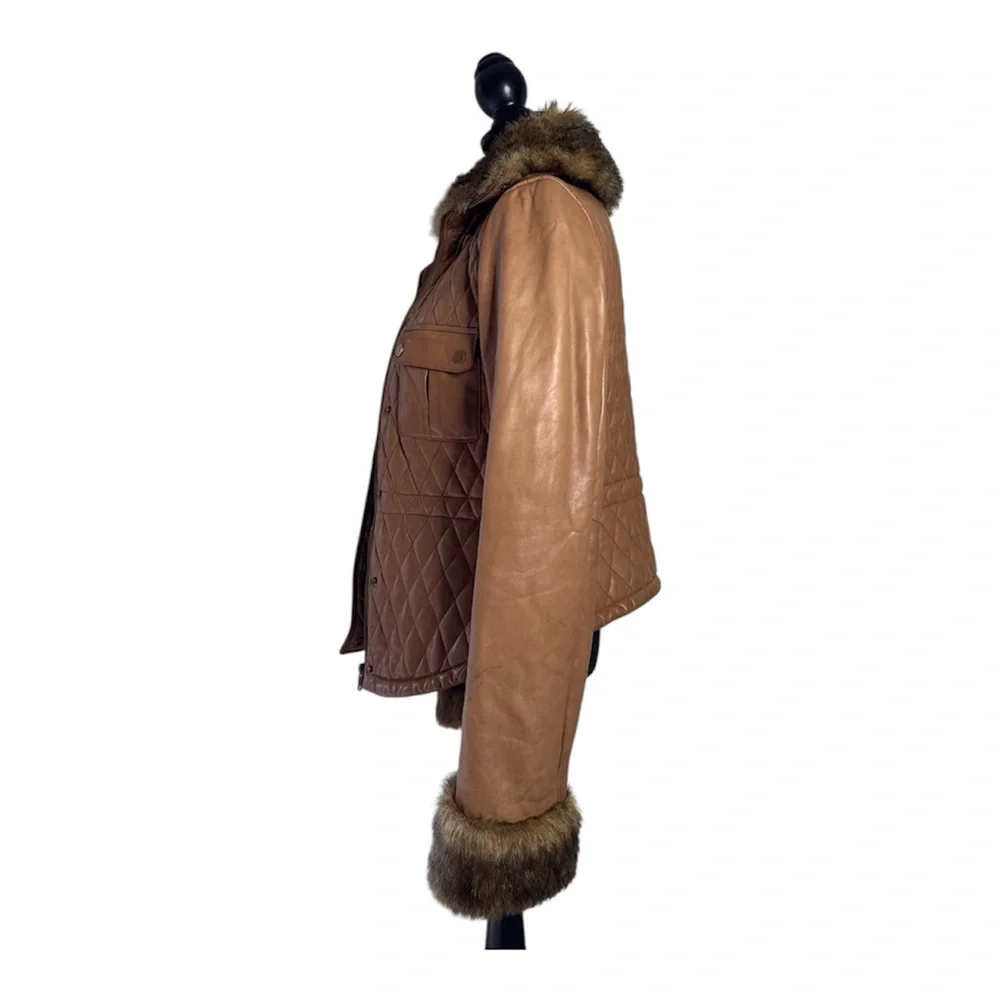 Arden B 100% Leather Quilted Faux Fur Trim Jacket Size L Camel Brown Y2K - Picture 3 of 9